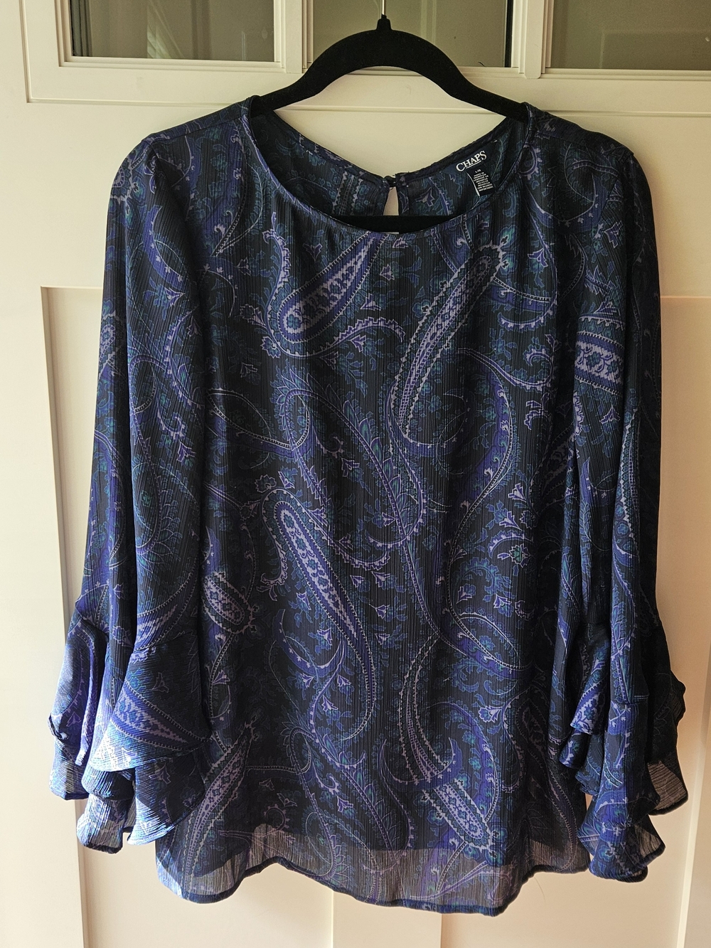 Chaps Navy and Purple Paisley Ruffle Sleeve Blouse